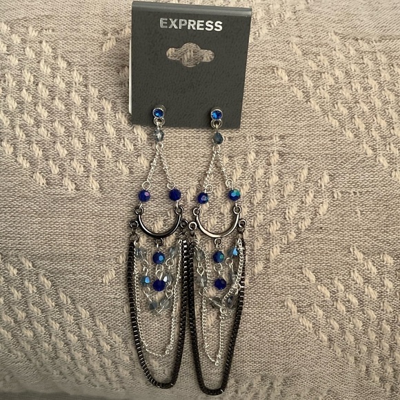 NEW Express Layered Tiered Silver Tone Blue Bead Post Back Earrings - Picture 1 of 3
